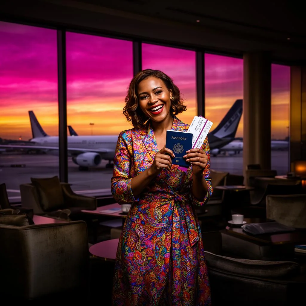 FLYHIGH travel process — woman with passport at airport lounge
